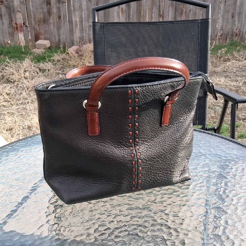 Fossil Black Leather Tote with Brown Handles